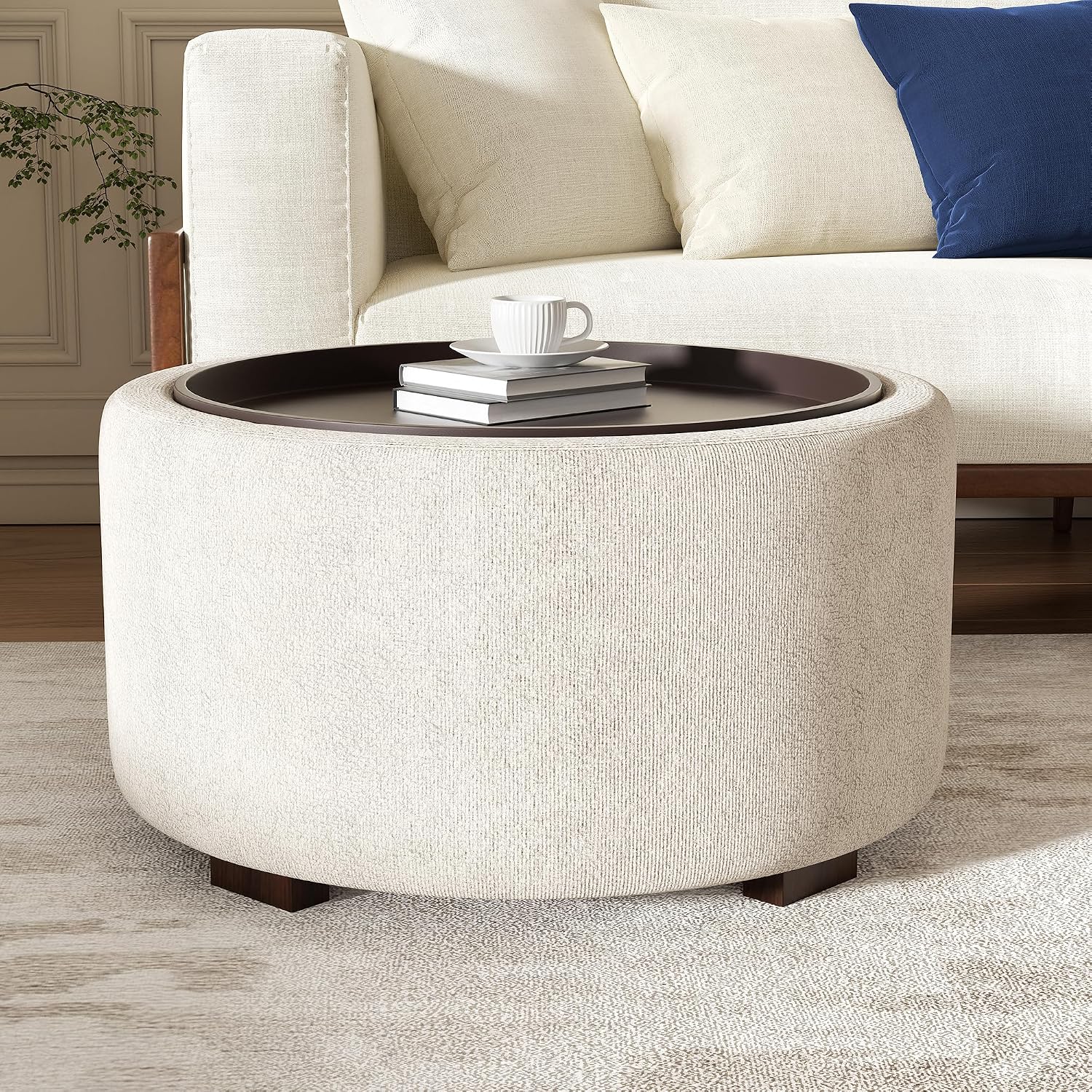 30" Round Ottoman with Storage Circular Coffee Table with Removable Wood Top and Solid Wood Legs Modern Upholstered Ottoman for Living Room Bedroom Apartments White