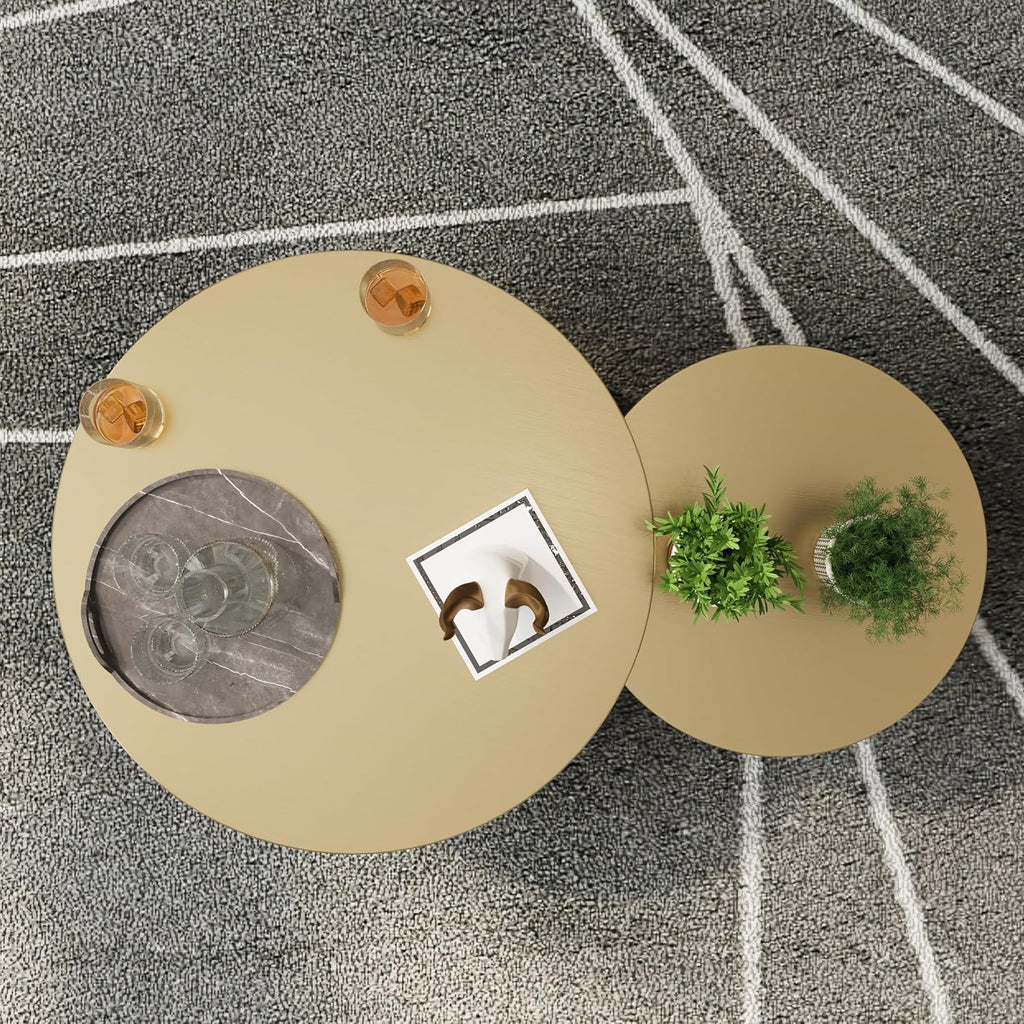 BQueen Round Nesting Coffee Table Set of 2, Brushed Gold Stainless Steel Modern Coffee Tables, 2 in 1 Space Saving Stackable Accent Tables for Living Room, Small Space Apartment