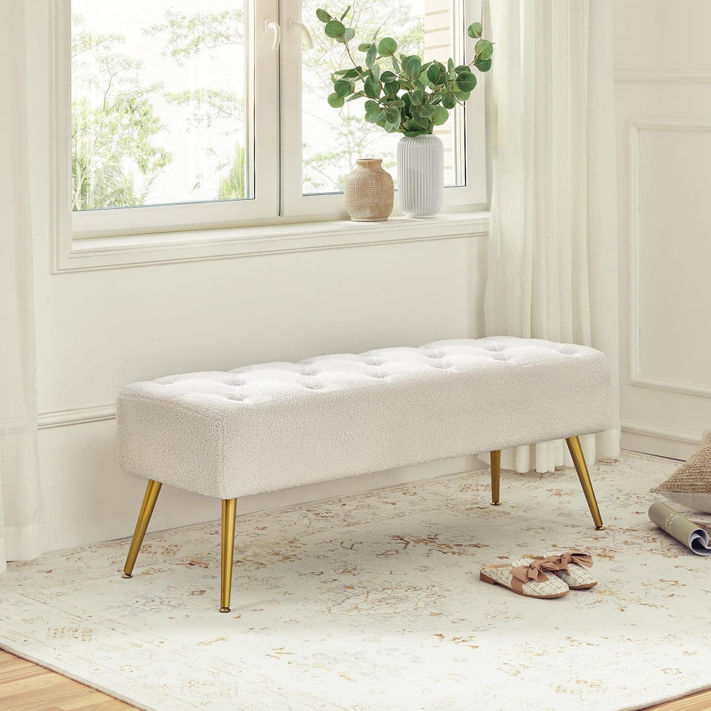 Topeakmart Dining Bench, Button-Tufted Upholstered Bench with Gold Metal Base for Kitchen, Living Room, Entryway - Ivory
