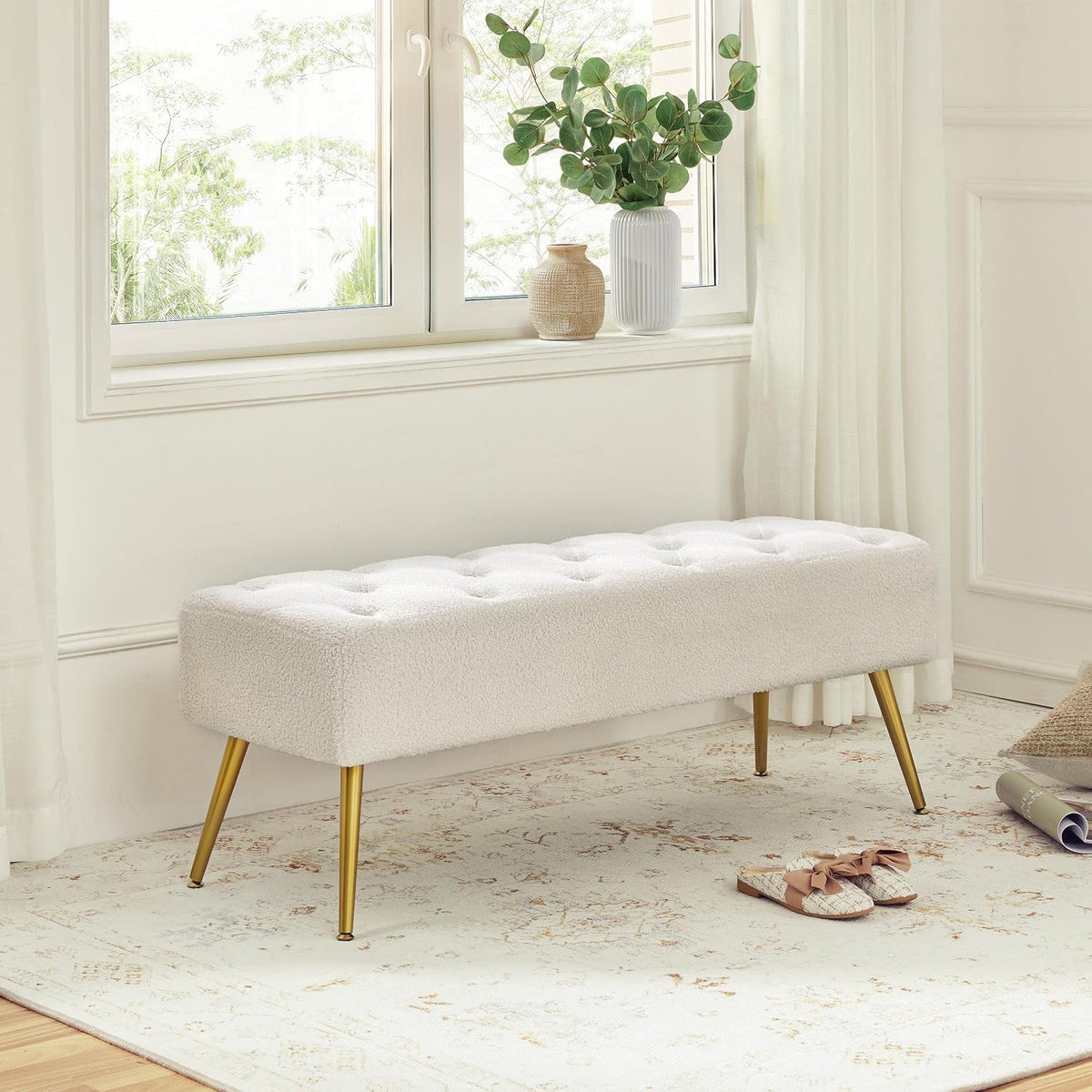 Topeakmart Dining Bench, Button-Tufted Upholstered Bench with Gold Metal Base for Kitchen, Living Room, Entryway - Ivory