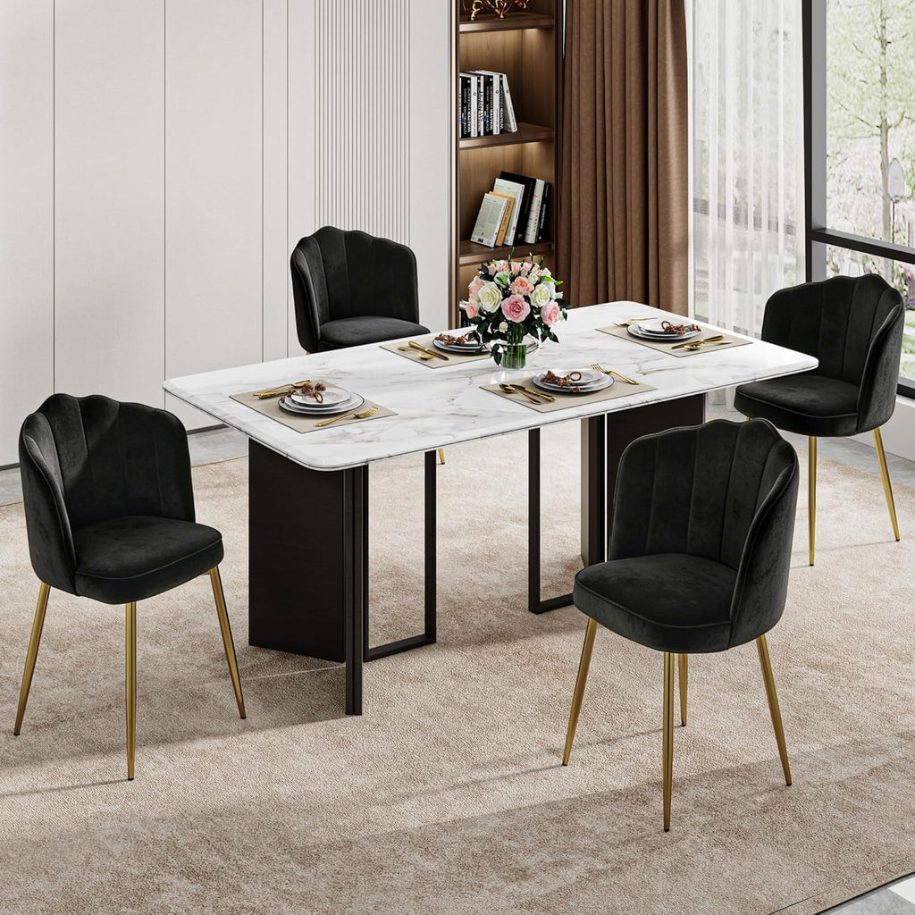 VECELO Velvet Dining Chairs Set of 2, Modern Upholstered Kitchen Chairs with Thick Cushions, Curved Padded Backrest and Metal Legs, for Kitchen, Dining Room, Living Room, Black