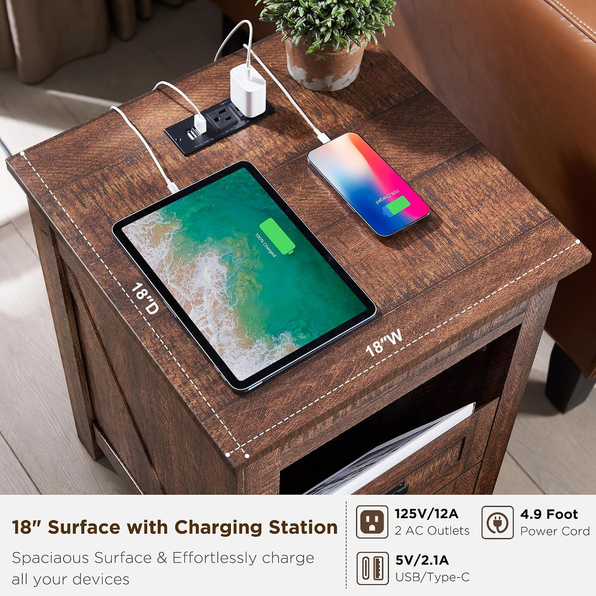 T4TREAM 18" Farmhouse Nightstand Set of 2, Reclaimed Barnwood | Charging Station, Rustic End Table, Open Shelf, 2 Drawers, Living Room, Side Table, Wood Bedside Table, Unique Corner Accent