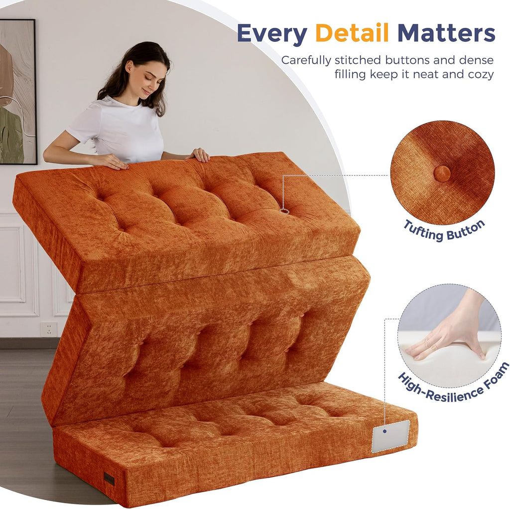 MAXYOYO 6" Folding Sofa Bed for Floor, Tufted Tri-Fold Floor Mattress | Full Size Portable Sofa Couch Guest Mat with Chenille Fabric for Adults, Foldable Topper for Camping, Orange, Full