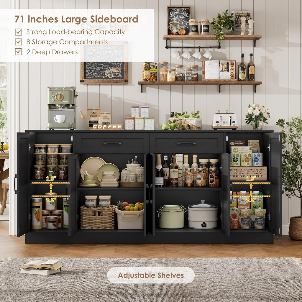 BOTLOG 71” Large Buffet Cabinet with Storage, Sideboard Buffet Cabinet with Adjustable Shelves and 6 Soft-Close Doors, Wood Coffee Bar Console Table for Kitchen, Dining Room, Black