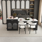 80-inch Expandable Kitchen Island with Dining Table, Marble-Grain Countertop with Power Outlet, Mobile Storage Cart with Cabinet & 2 Drawers, Kitchen Prep Table(Black, 80.7)