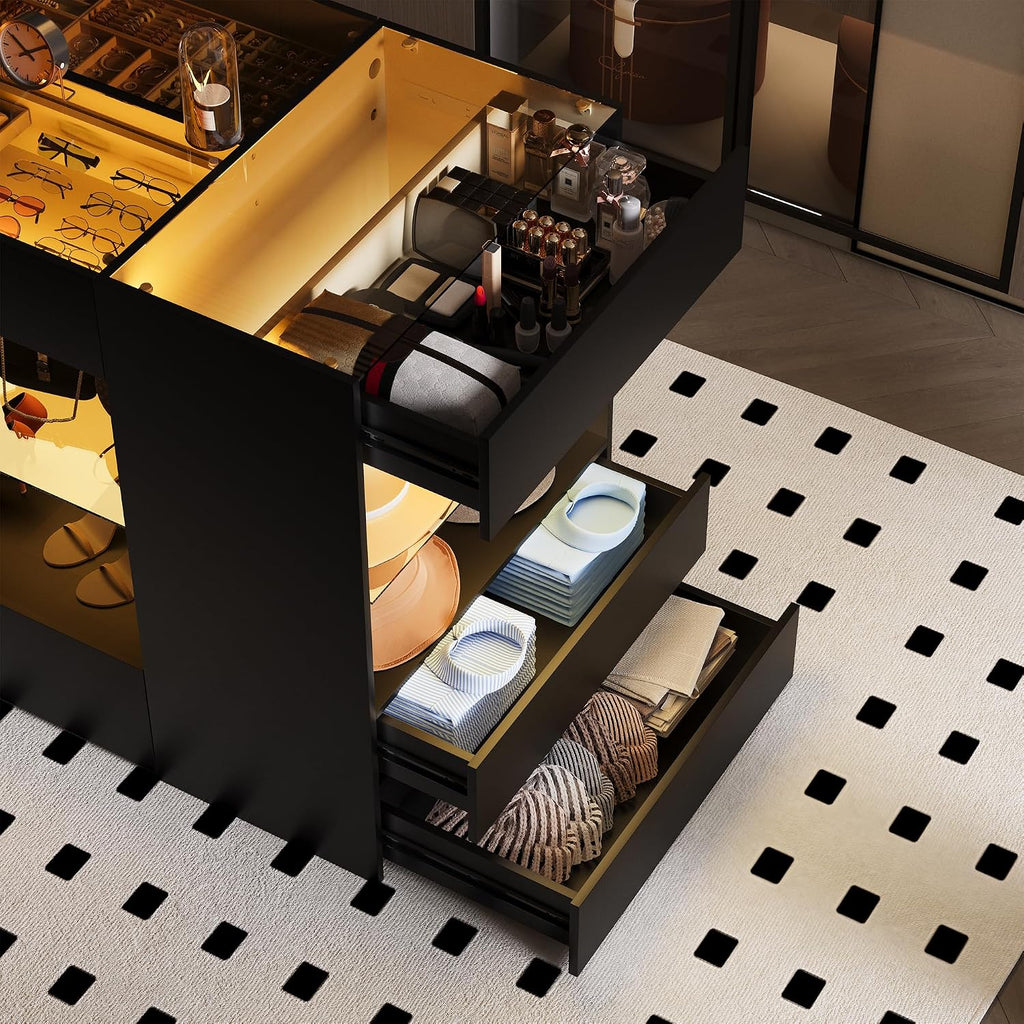 Kikihouse Modern Closet Island with 10 Drawers, LED Wardrobe Armoire Island with Glass Top, Luxury Walk-in Closet Island Storage Cabinet with Display Shelf for Cloakroom, Dressing Room (Black)