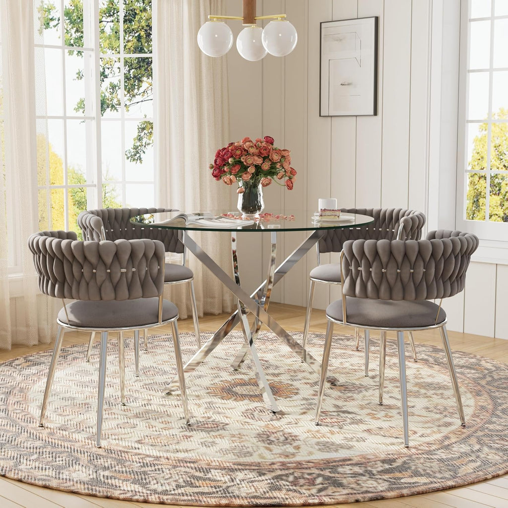 Modern Minimalism Circle Dining Table Set of 4, 36'' Round Tempered Glass Table Top with Silver Base & 4 Grey Silver Velvet Dining Chairs, 5-Piece Dining Room Table Set (Easy Assembly)