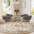 Modern Minimalism Circle Dining Table Set of 4, 36'' Round Tempered Glass Table Top with Silver Base & 4 Grey Silver Velvet Dining Chairs, 5-Piece Dining Room Table Set (Easy Assembly)