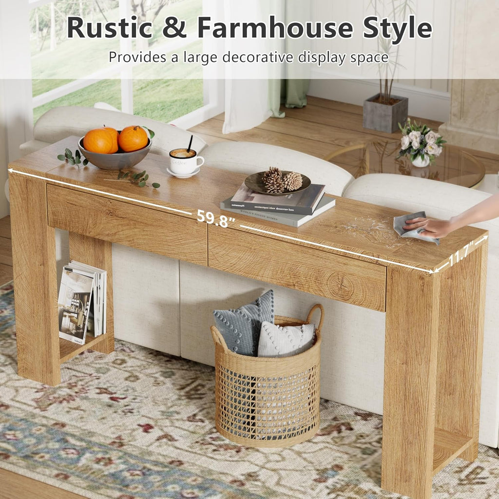 Furologee 60 inch Long Entryway Console Table with Drawers, Farmhouse Sofa Table Behind Couch, Entrance Accent Table for Hallway, Living Room, Foyer, Bedroom, Wooden Thick Tabletop (Natural)