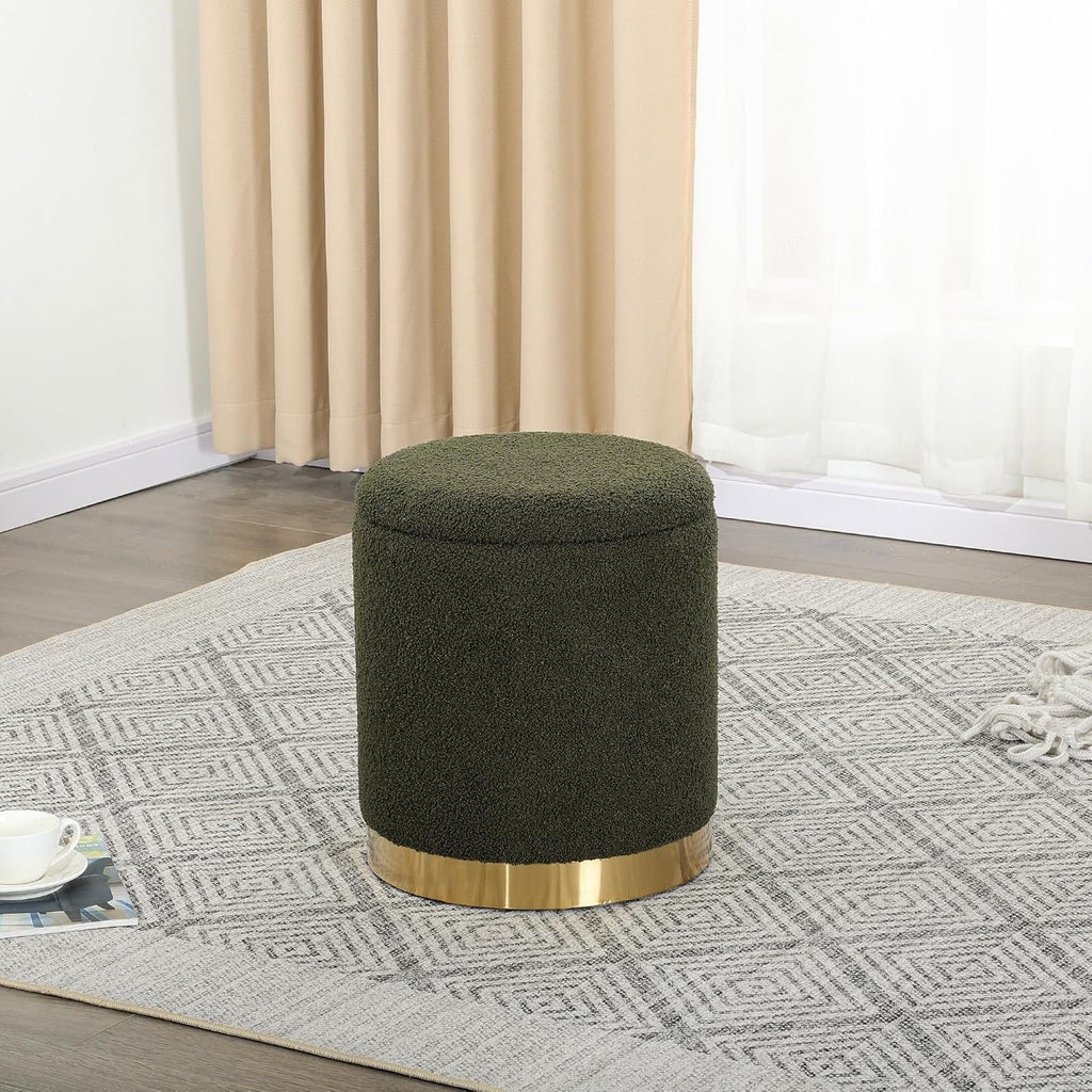 Joveco Boucle Round Ottoman with Storage,Vanity Stool with Storage for Bedroom, Ottoman Coffee Table,Small Boucle Foot Stool for Living Room, Dark Moss Green with Gold Plating