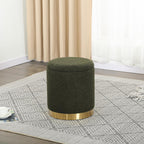 Joveco Boucle Round Ottoman with Storage,Vanity Stool with Storage for Bedroom, Ottoman Coffee Table,Small Boucle Foot Stool for Living Room, Dark Moss Green with Gold Plating