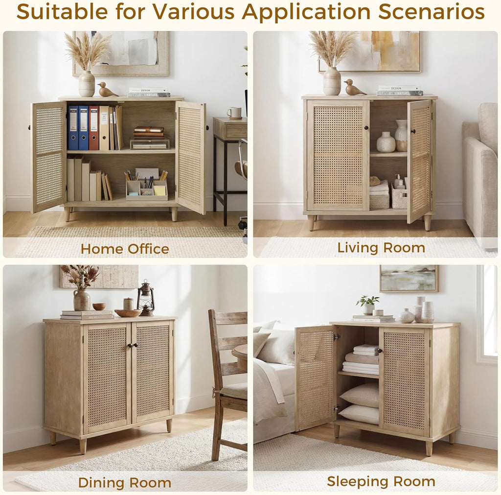 Fat Ant Buffet Cabinet with Storage, Rattan Sideboard Cabinet with 2 Magnetic Doors and Shelves, Kitchen Sideboard Accent Cabinet for Hallway, Entryway, Living Room, Kitchen, Natural