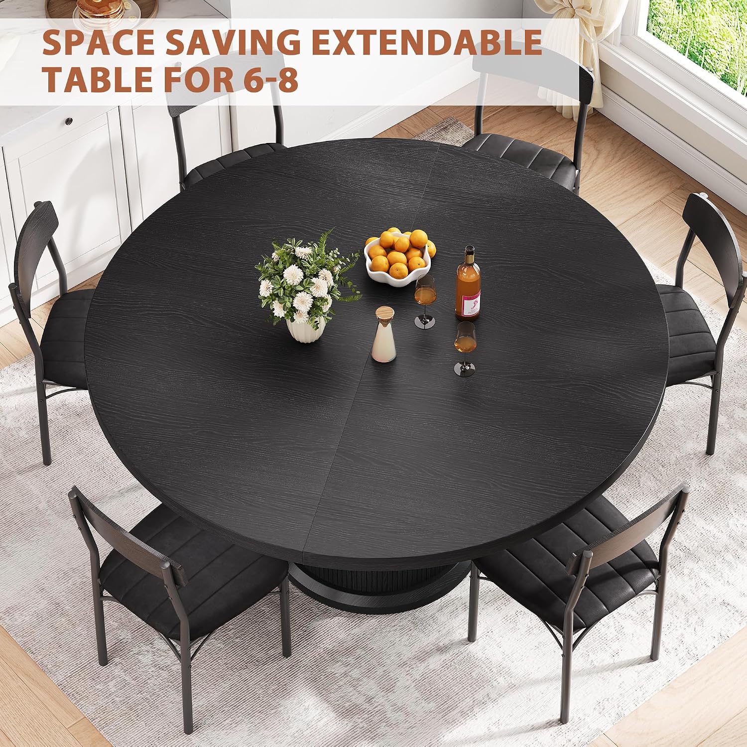 Jocoevol Extendable Round Kitchen Dining Room Table for 4-6 with 2-Tier Storage Shelf, 63'' Space Saving Expandable Wood Oval Circle Dinner Furniture with Pedestal Base(Black)