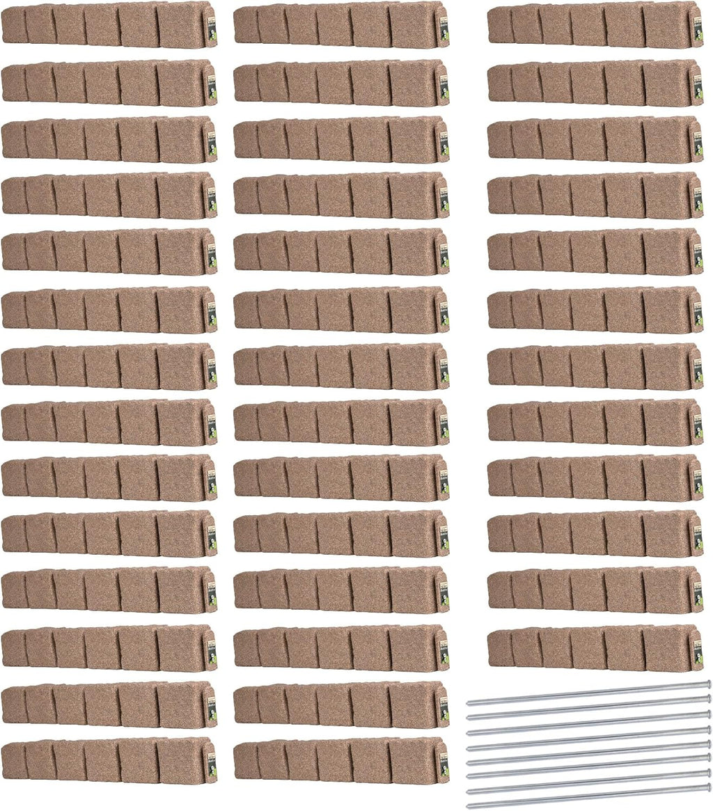 Beuta Landscape Edging | Garden Edging Border | Faux Stone Blocks for Lawn Edging, Flower Beds & Yard Edging– 40 Pack | Each Section Has 6 Blocks 48" L x 4" W x 6.5" H | 80 Spikes | Cobblestone