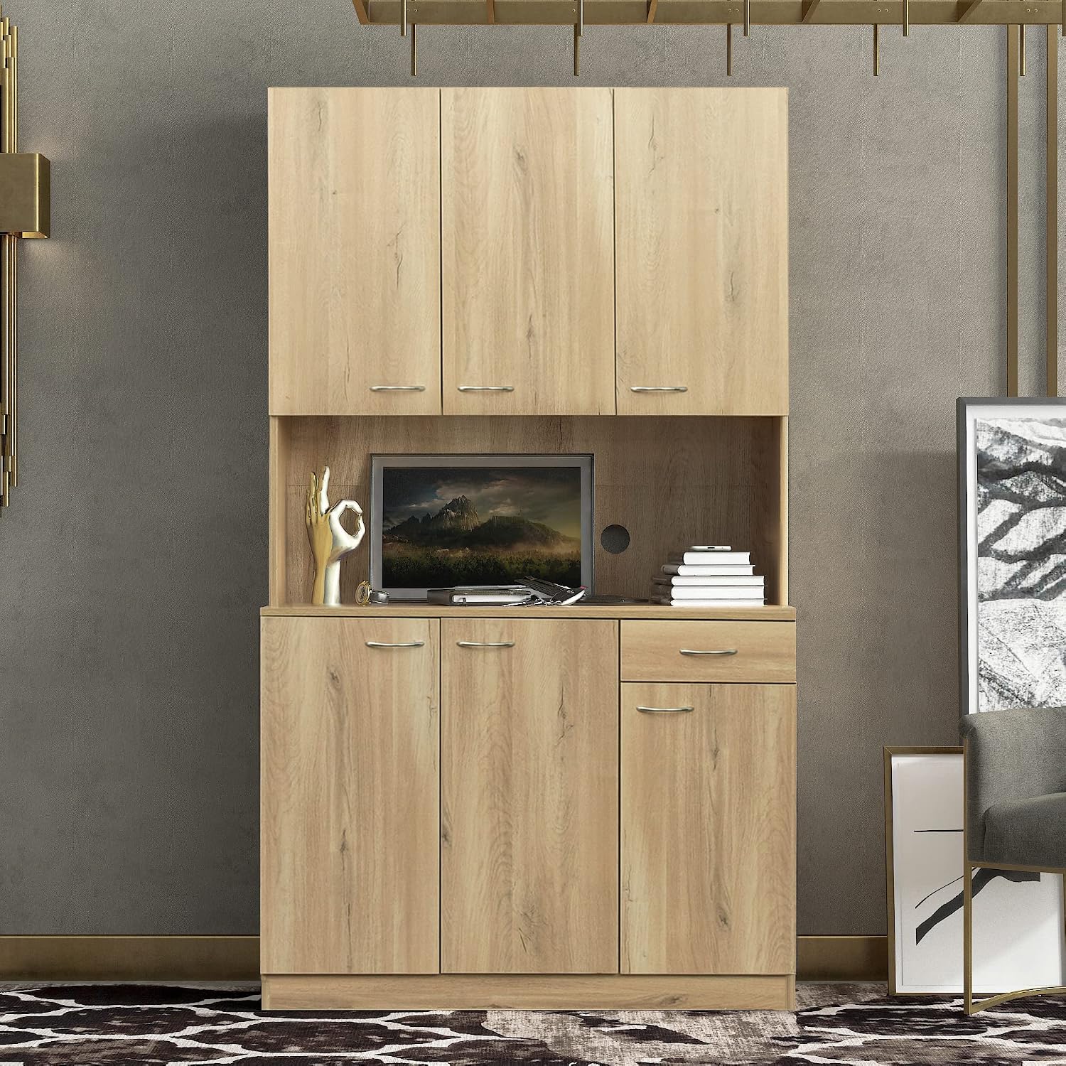 71" Tall Kitchen Pantry Cabinet,Sideboard Buffet Cabinet with 6 Doors and Shelves,Kitchen Island with Microwave Stand,Kitchen Hutch Storage Cabinet with 1 Drawer for Kitchen,Kitchen Cabinet (Oak)