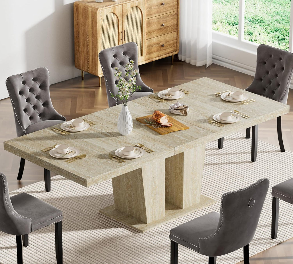 Extendable Dining Room Table for 6 8 10, 78.74" Modern Faux Travertine Wooden Long Large Rectangular Expanding Conference Kitchen Table with Dual Columns Base, White Oak