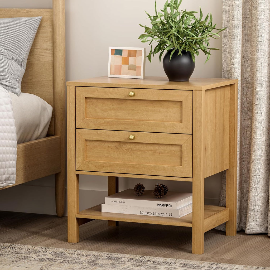 End Table with 2 Drawers, Farmhouse Nightstand with Open Shelf, Modern Bedside Cabinet Side Table Night Stand for Bedroom, Living Room, Natural Oak