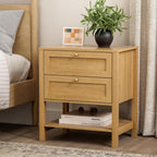 End Table with 2 Drawers, Farmhouse Nightstand with Open Shelf, Modern Bedside Cabinet Side Table Night Stand for Bedroom, Living Room, Natural Oak