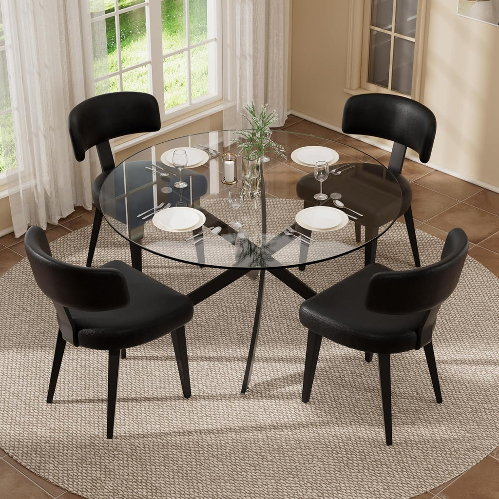 Dining Table Set for 4, 47" Round Kitchen Table with 4 Leather Dining Chairs, Tempered Glass Top with Metal Legs(All Black)