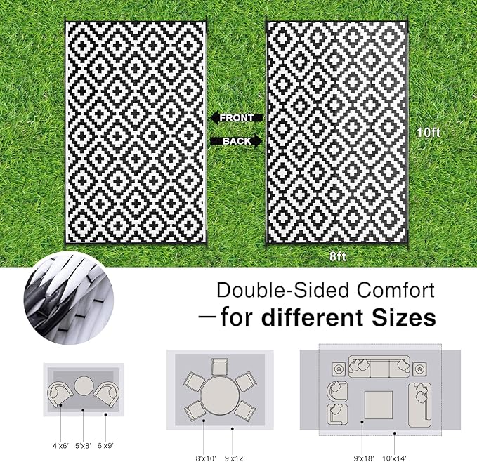 OLANLY Waterproof Outdoor Rug 8x10 ft, Outdoor Plastic Straw Rug for Camping, RV Mat Outside, Indoor Outdoor Carpet for Porch, Deck, Backyard, Balcony, Picnic, Black & White