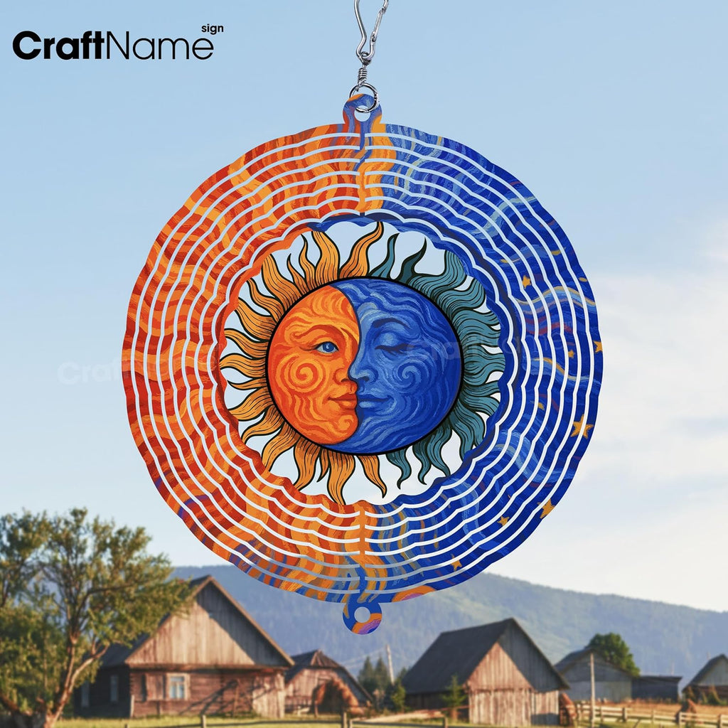 Personalized Sun & Lunar Wind Spinner 3D Stainless Steel, Sun Garden Spinner Hanging Outdoor Decor, Wind Spinners Outdoor, Custom Gift for Grandmother, Mom, Wife
