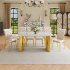 71" Dining Table Set for 6, White Faux Marble Dining Room Table Set for 6 with PU Leather Chairs and Gold Metal Legs, Easy Clean Kitchen Dining Set