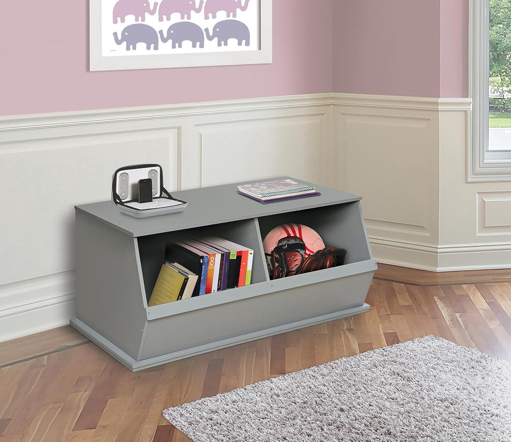 Badger Basket Two Bin Stackable Toy Storage Cubby Organizer – Modular Storage for Toys, Books, and Crafts – Solid Wood Panel – Gray