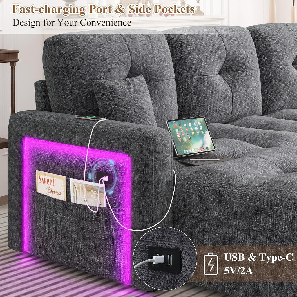 107'' LED U-Shaped Sectional Couch for Living Room, Sleeper Sofa Bed, Grey | Comfy Chenille Cloud Couch, Pull Out Bed, Storage Chaise, 5-level Adjustable Backrest, USB Charging, 2 Pillow,1100LB Capacity
