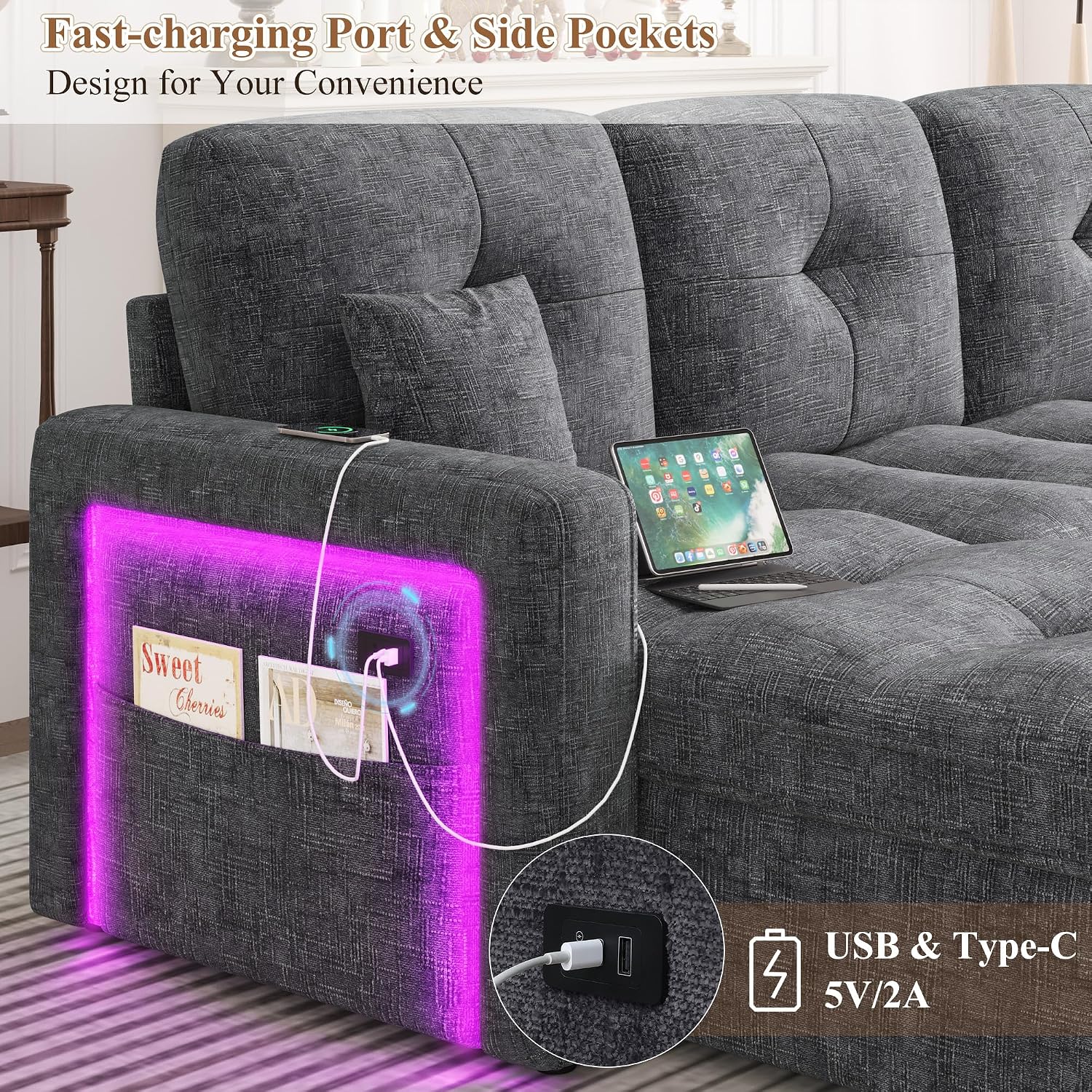 107'' LED U-Shaped Sectional Couch for Living Room, Sleeper Sofa Bed, Grey | Comfy Chenille Cloud Couch, Pull Out Bed, Storage Chaise, 5-level Adjustable Backrest, USB Charging, 2 Pillow,1100LB Capacity