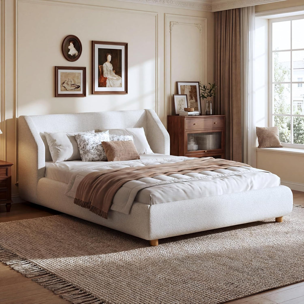 Merax Queen Size Upholstered Platform Bed Frame with Extra-Wide Wingback Headboard,Wood Legs,Sturdy Wooden Slats Low Profile for Bedroom