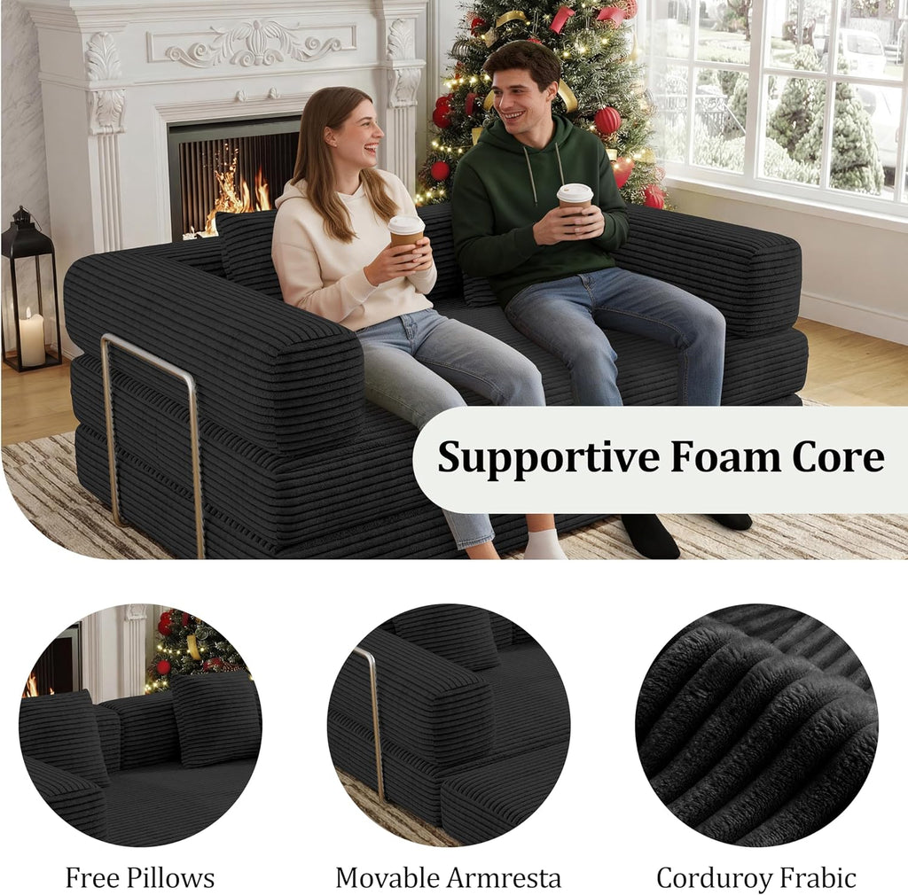 59 Inch Convertible Sofas Bed, 5-in-1 Futon Sofa Pull Out Sleeper Couch, Couches for Living Room, Corduroy Floor Compression Loveseat for Bedroom, Apartment, No Assembly, Black, 2 Seat