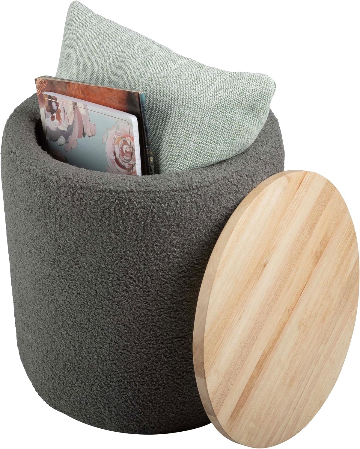 Storage Ottoman - Teddy Fabric Upholstered Ottoman with Wood Top for Living Room, Dorm, or Apartment - Ottomans with Storage by Lavish Home (Dark Gray)