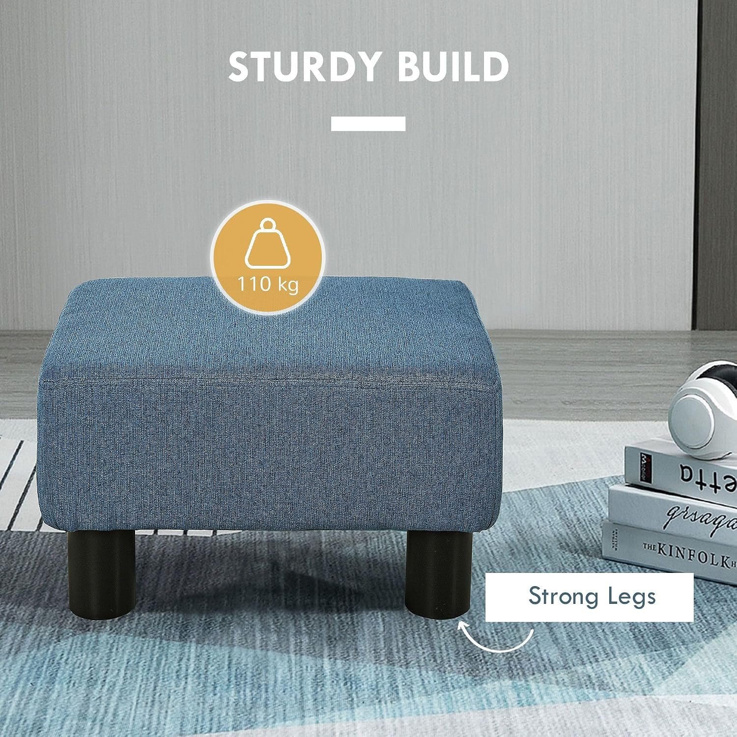 Blue Linen Fabric Ottoman Footrest - Multi-Functional for Living Room, Bedroom & Entryway