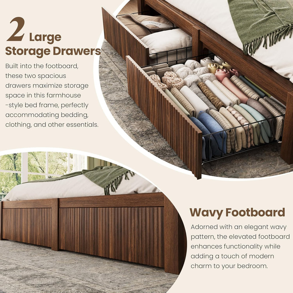 CypBed Queen Size Bed Frame with Headboard and 2 Storage Drawers, Walnut