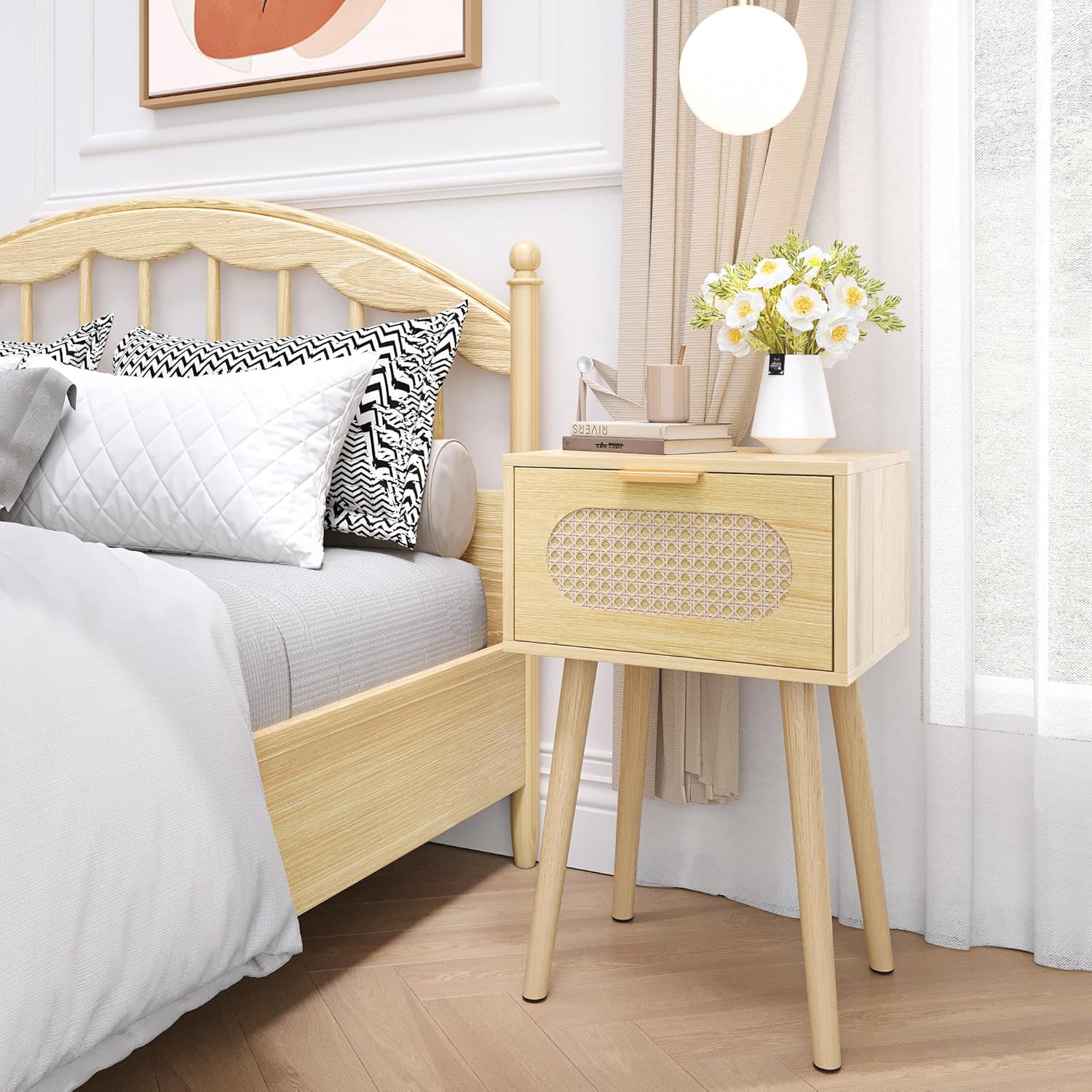 Nightstands Set of 2, Bedside Table with Rattan Door, Boho End Table with Solid Wood Legs for Bedroom, Living Room, Small Space Nightstands, Natural Color, HNS001N