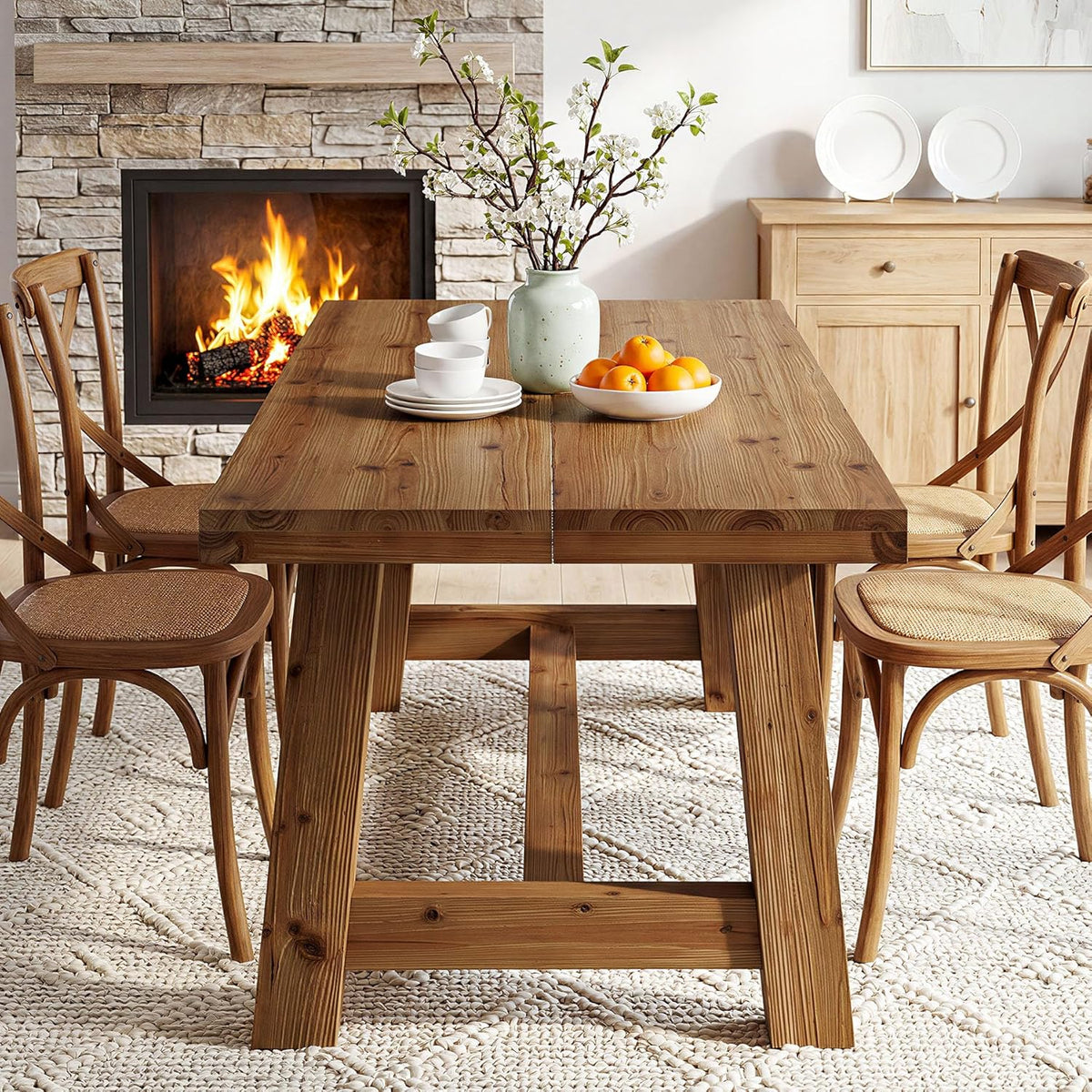 63-Inch Solid Wood Dining Table, Farmhouse Kitchen Table for 4-6 People, Rectangular Wooden Dinner Table with Thick Top & Trestle Base, Natural Wood