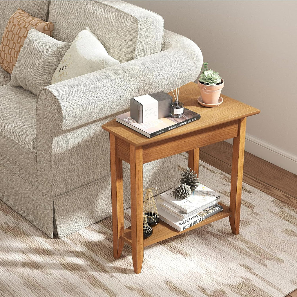 GOFLAME 2-Tier Wedge End Table Set of 2, Narrow Triangle Side Table with Storage Shelf, Solid Wood Legs, Nightstand, Recliner Wedge Table for Living Room, Bedroom, Small Space, Rustic Walnut
