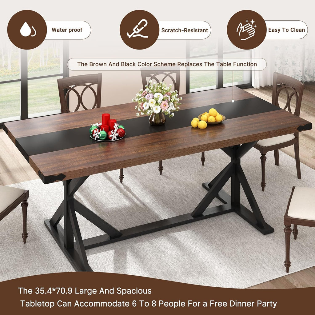Hlivelood 71 Inch Dining Table for 6 People, Rectangular Kitchen Farmhouse Table W/Thickness Waterproof Wood Tabletop,Long Dining Room Tables W/Wood Strip Base for Kitchen Living Room(Brown&Black)