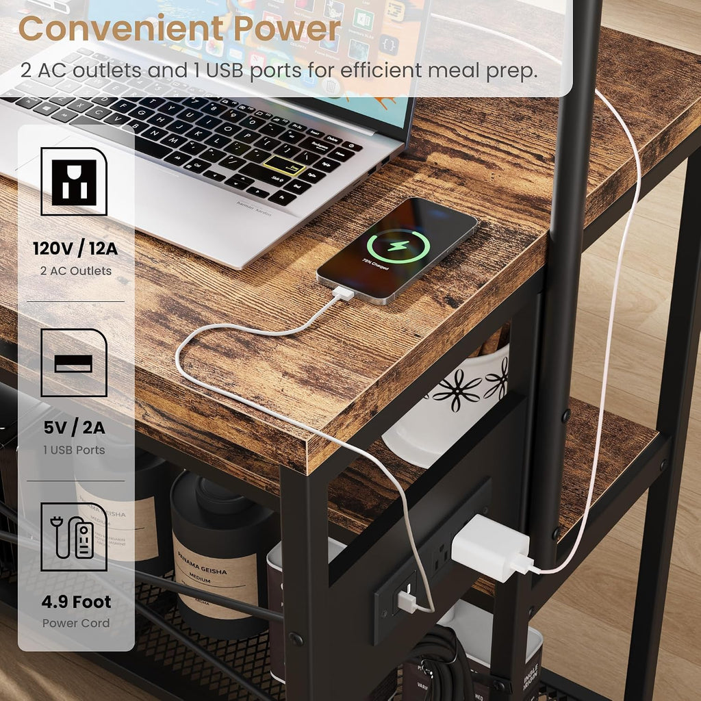 Industrial Kitchen Island Dining Table with Power Outlet, Retro | Microwave Stand with Storage Shelves, 2 Bar Stools and 5 Hooks, Coffee Bar for Dining Room, Living Room