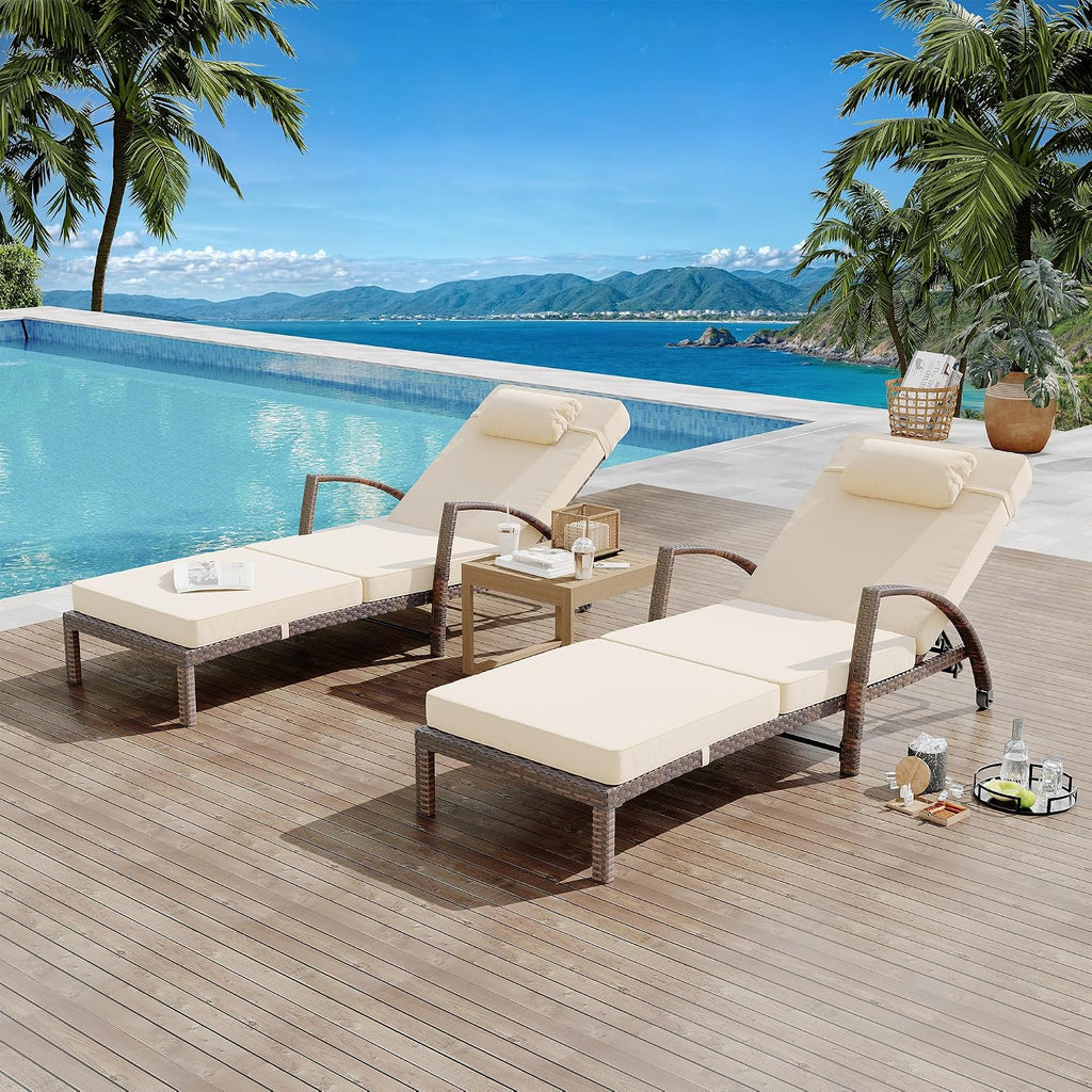 GarveeLife 2-Piece Rattan Patio Folding Chaise Lounge, 5-Position Adjustable Backrest Outdoor Lounge Chair with Cushion and Pillow for Poolside, Backyard, Deck, Porch, Beige