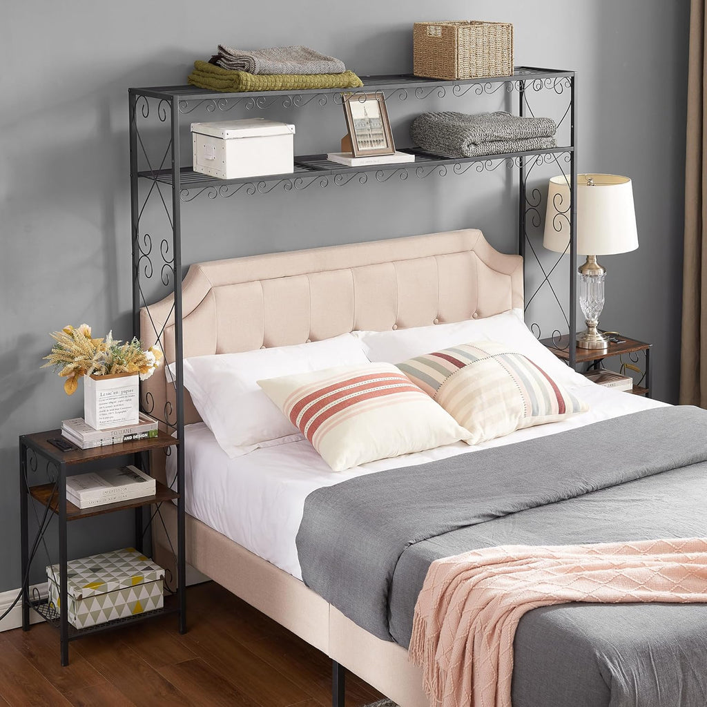 Queen Bed e with 2 Nightstands Headboards with Storage Cabinet, Headboard with Shelves, Bookcase Headboard Queen Easy Assembly for Bedroom Iron and Wood Rustic Brown