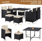 Yaheetech 9-Piece Patio Dining Sets, Outdoor Space Saving Rattan Chairs with Glass Table, Wicker Sectional Conversation Furniture Set with Removeable Cushions, Black/Beige