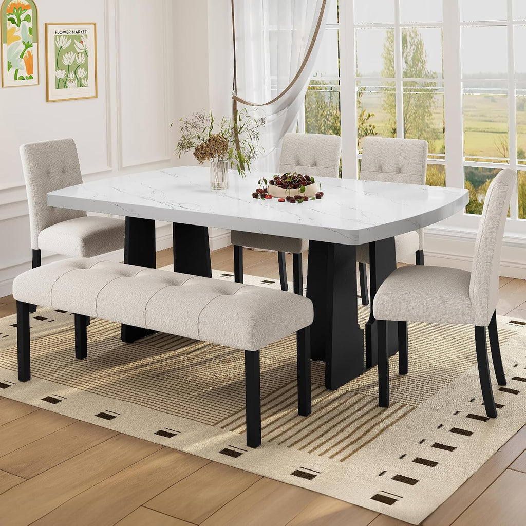 Dining Bench, Rubber Wood Dining Room Bench with Linen Upholstered Seat, for Kitchen, Living Room, Hallway, Kitchen, Entryway, Beige