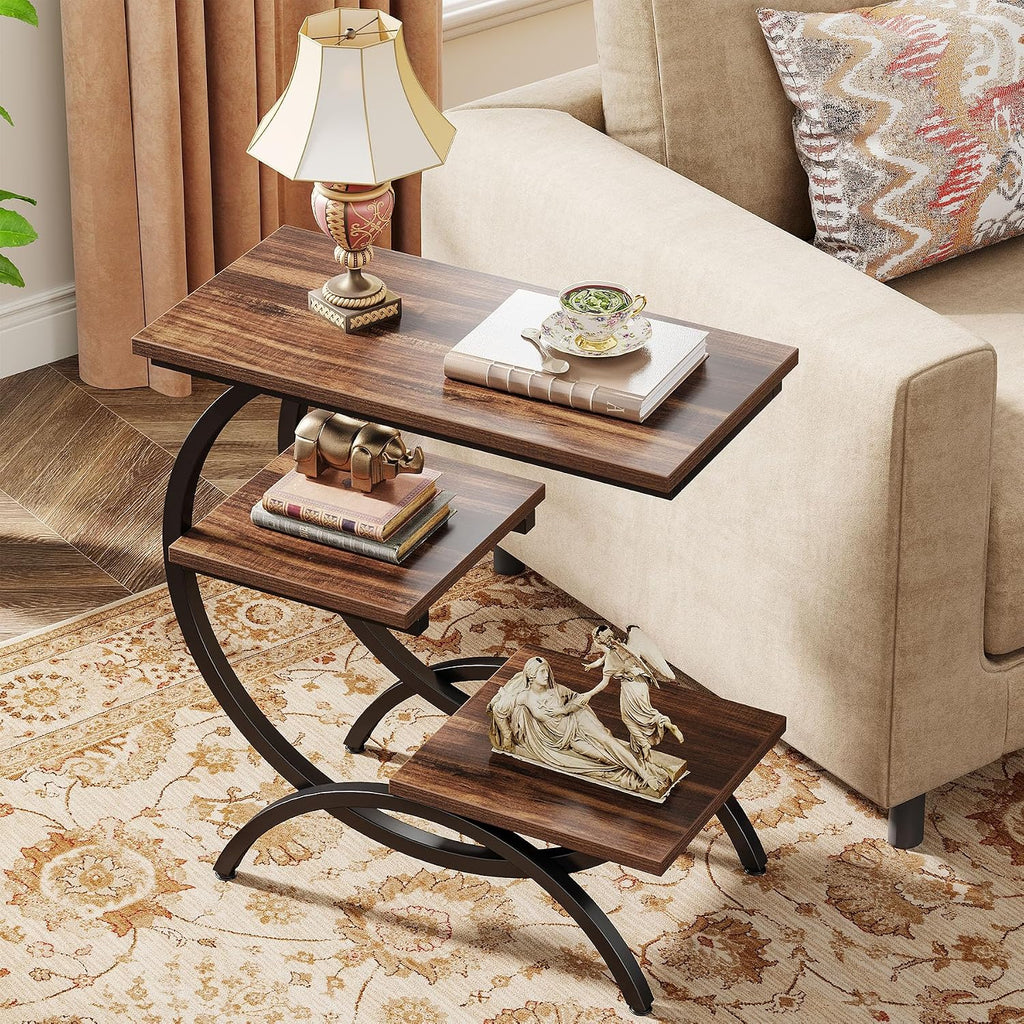 Tribesigns C Shaped End Table, Small Side Table for Couch, Industrial 3-Tier Couch Table, Wood Bedside Table, C Side Table for Small Spaces, Living Room, Dark Brown
