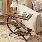 Tribesigns C Shaped End Table, Small Side Table for Couch, Industrial 3-Tier Couch Table, Wood Bedside Table, C Side Table for Small Spaces, Living Room, Dark Brown