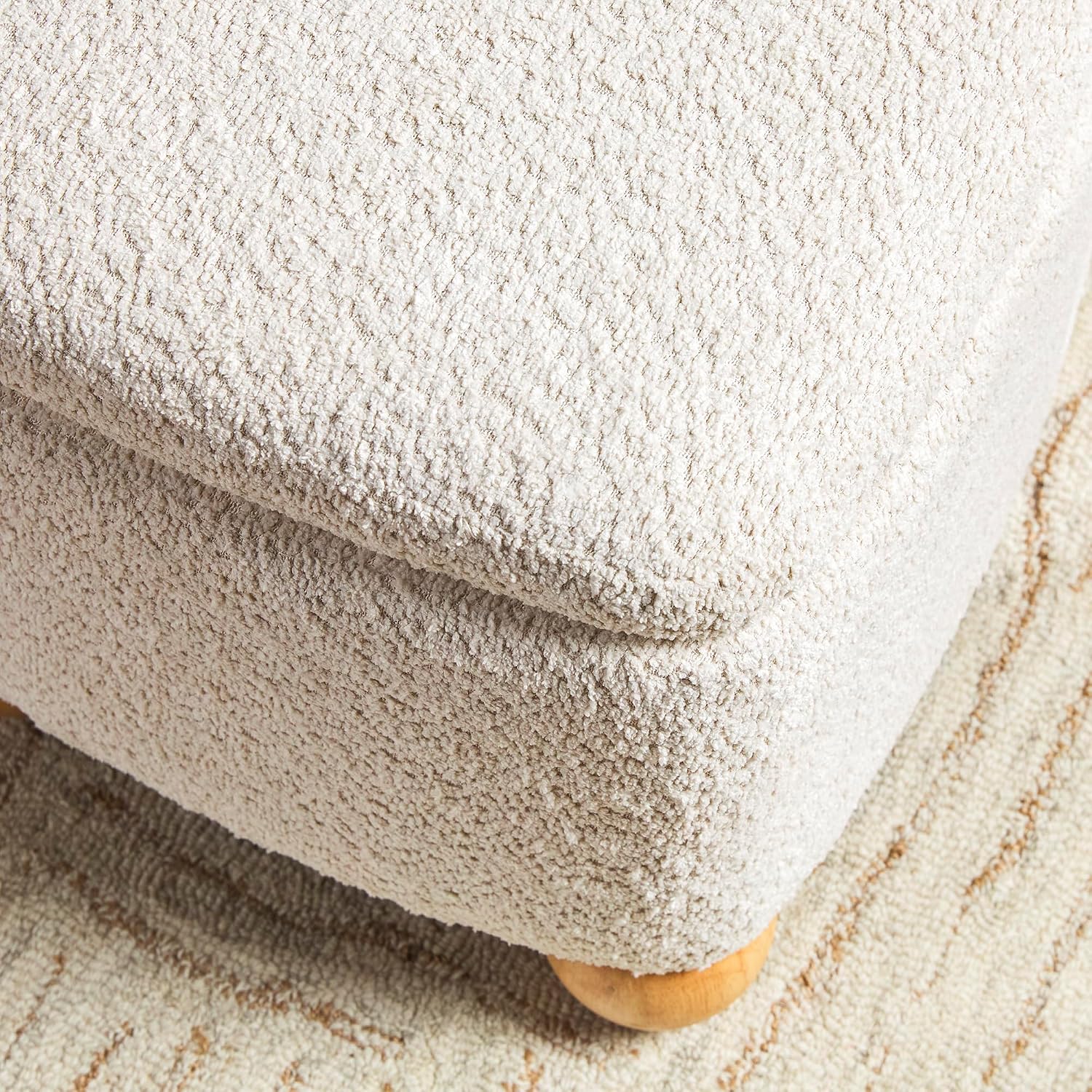 Walker Edison Linley Contemporary Small Storage Bouclé Ottoman with Wood Legs, Ivory