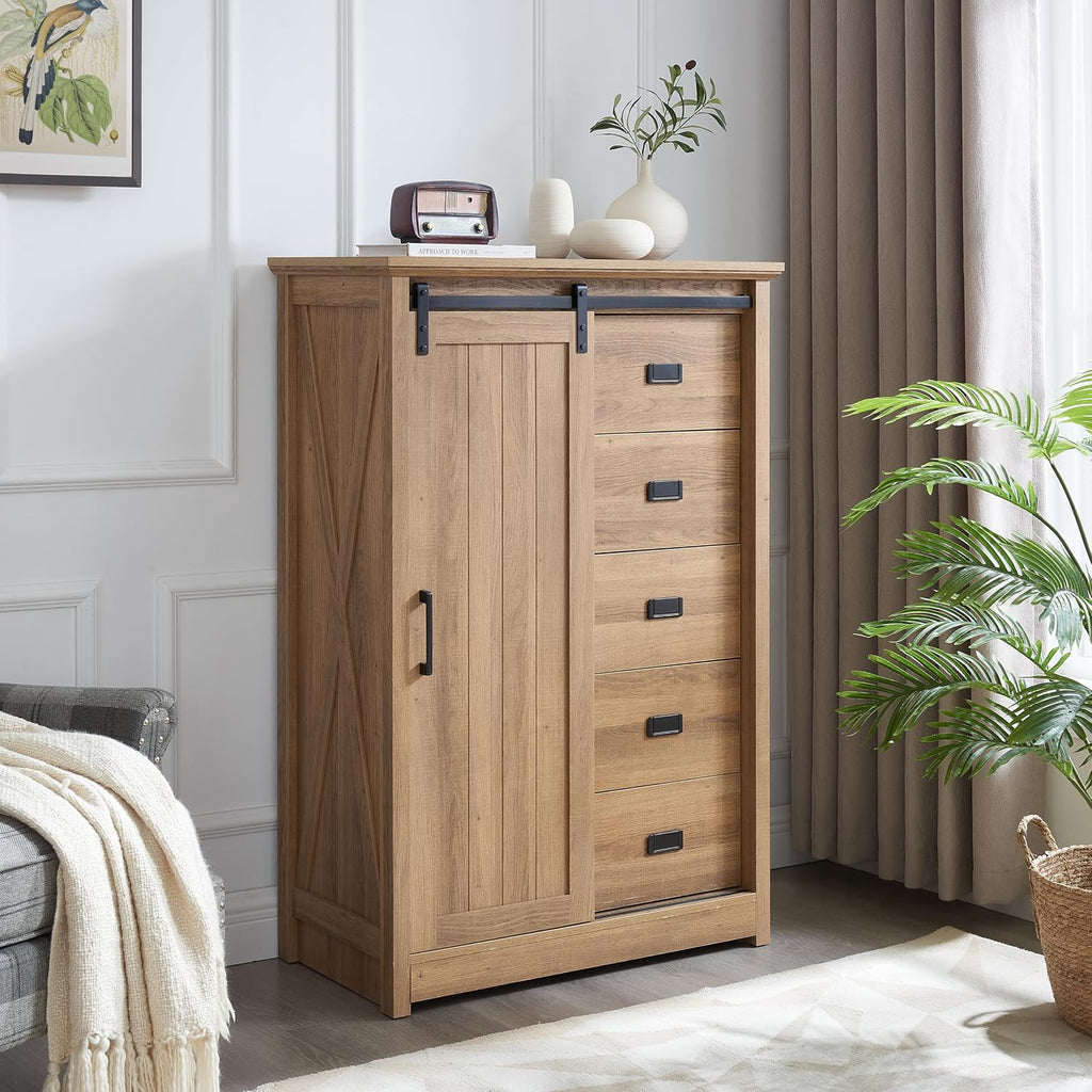 Elountik Farmhouse Modern Tall Dresser with Sliding Barn Door and 5 Drawers, Storage Organizer for Bedroom, Living Room, Hallway, Kids Room in Oak Finish