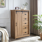Elountik Farmhouse Modern Tall Dresser with Sliding Barn Door and 5 Drawers, Storage Organizer for Bedroom, Living Room, Hallway, Kids Room in Oak Finish