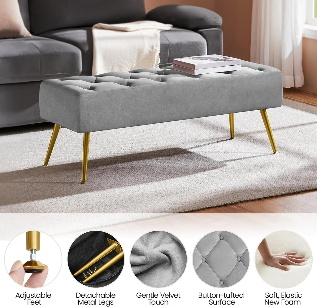 Yaheetech 45in Upholstered Velvet Ottoman Bench Seat with Gold Legs, Gray | Tufted Upholstered Bench Seat, Bed Bench with Tapered Gold Metal Legs, Sized for Window Seat Entryway Living Room