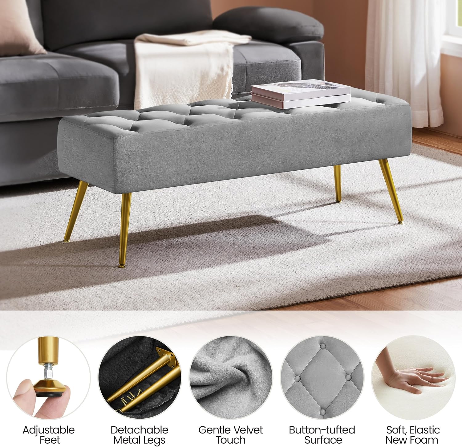 Yaheetech 45in Upholstered Velvet Ottoman Bench Seat with Gold Legs, Gray | Tufted Upholstered Bench Seat, Bed Bench with Tapered Gold Metal Legs, Sized for Window Seat Entryway Living Room